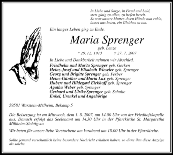Traueranzeige von Maria Sprenger von Tageszeitung