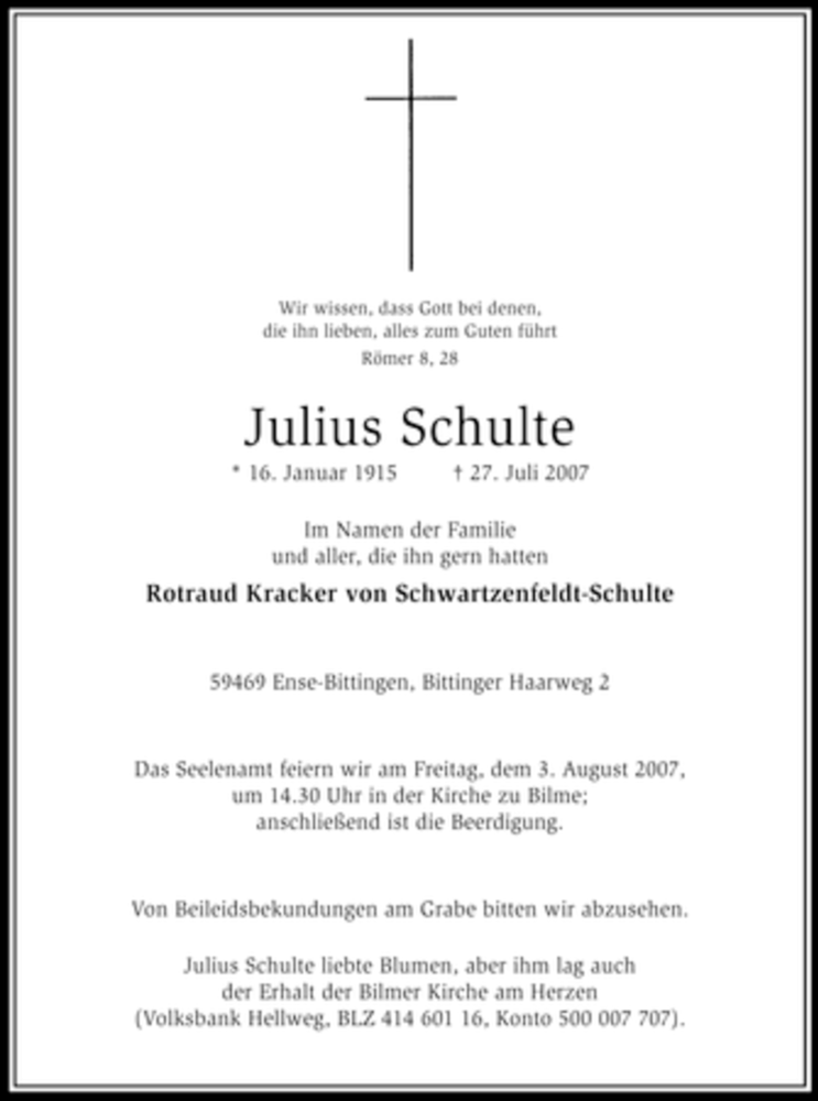  Traueranzeige für Julius Schulte vom 30.07.2007 aus Tageszeitung