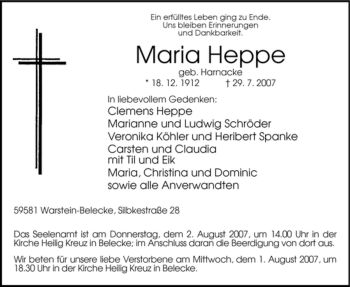 Traueranzeige von Maria Heppe von Tageszeitung