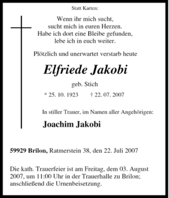 Traueranzeige von Elfriede Jakobi von Tageszeitung