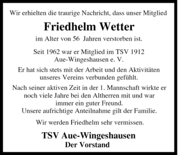 Traueranzeige von Friedhelm Wetter von Tageszeitung