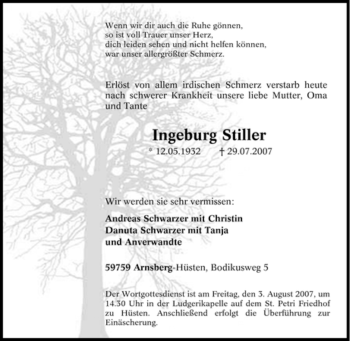 Traueranzeige von Ingeburg Stiller von Tageszeitung