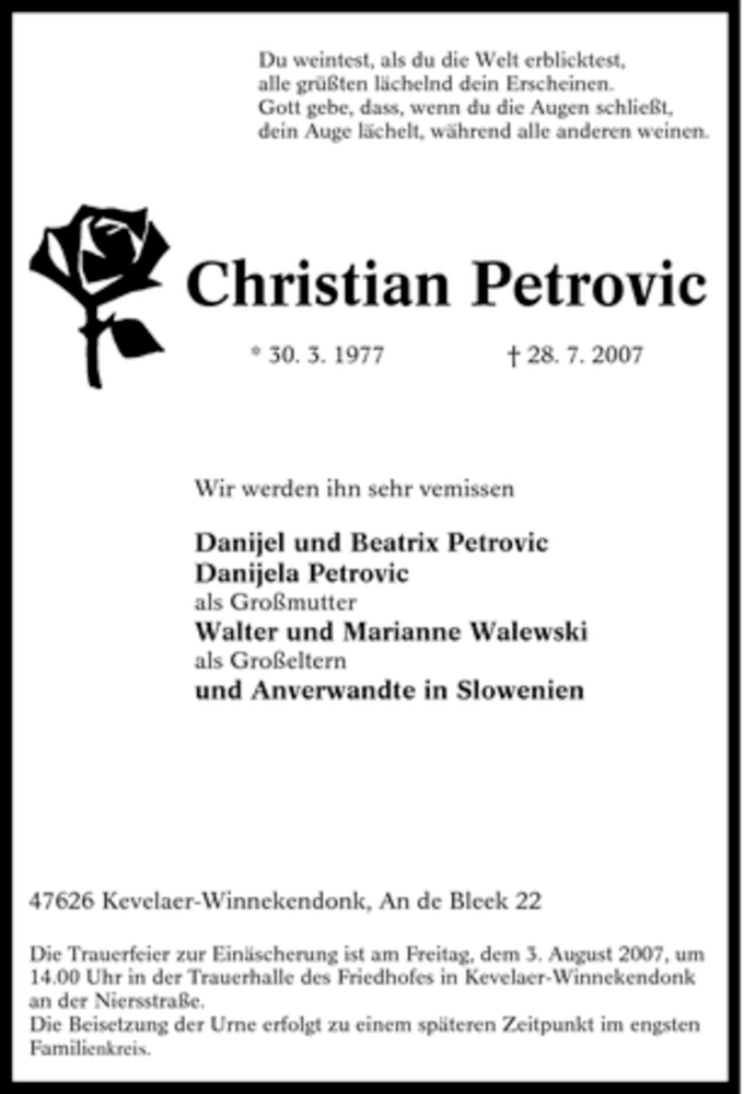  Traueranzeige für Christian Petrovic vom 31.07.2007 aus Tageszeitung