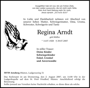 Traueranzeige von Regina Arndt von Tageszeitung
