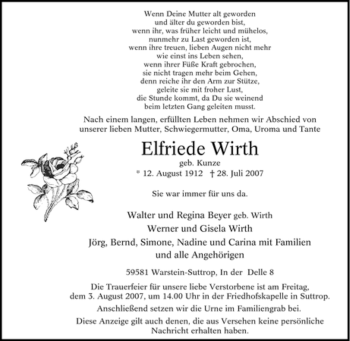 Traueranzeige von Elfriede Wirth von Tageszeitung