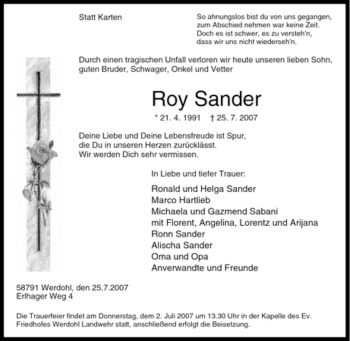 Traueranzeige von Roy Sander von Tageszeitung