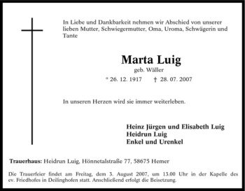 Traueranzeige von Marta Luig von Tageszeitung