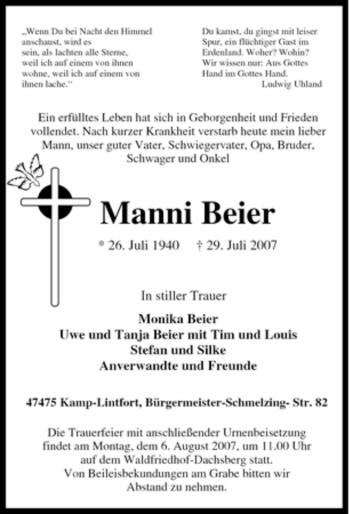 Traueranzeige von Manni Beier von Tageszeitung