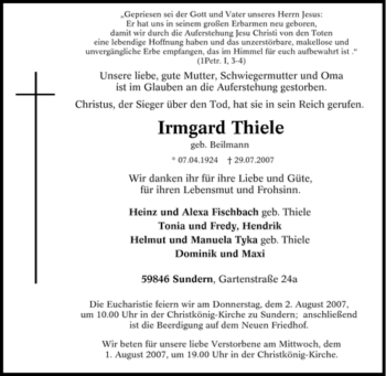 Traueranzeige von Irmgard Thiele von Tageszeitung