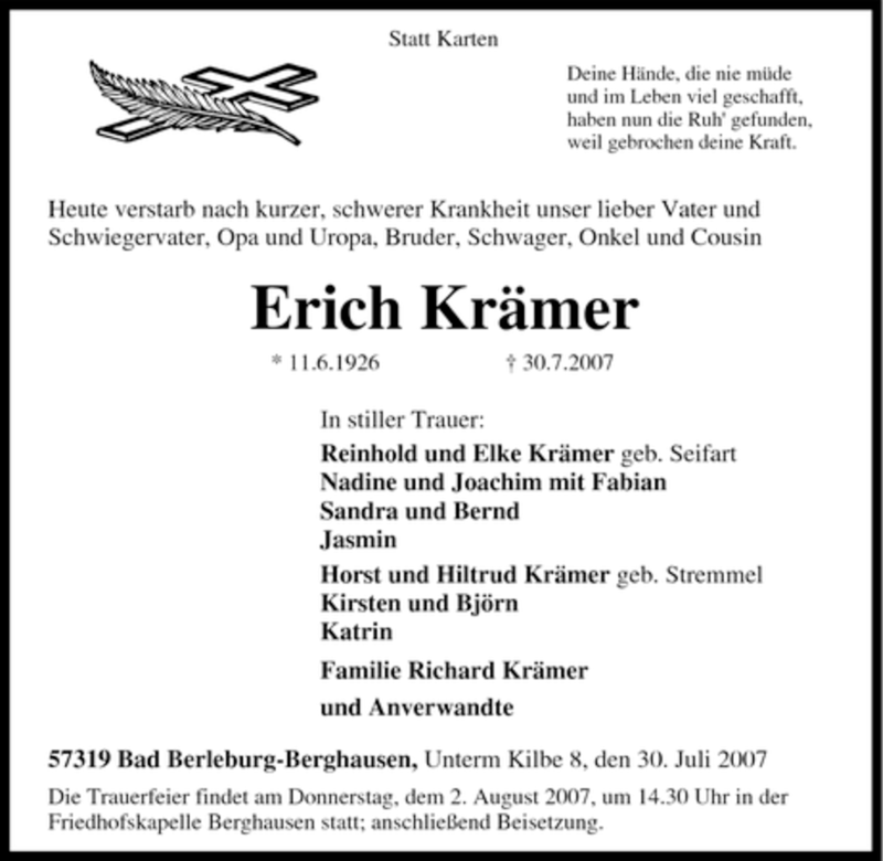  Traueranzeige für Erich Krämer vom 31.07.2007 aus Tageszeitung