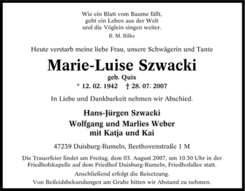 Traueranzeige von Marie-Luise Szwacki von Tageszeitung