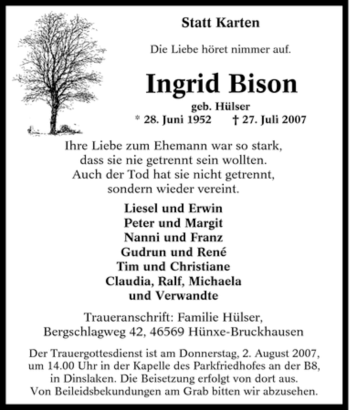 Traueranzeige von Ingrid Bison von Tageszeitung