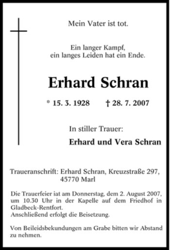 Traueranzeige von Erhard Schran von Tageszeitung