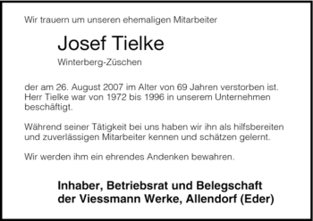 Traueranzeige von Josef Tielke von Tageszeitung