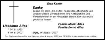 Traueranzeige von Lieselotte Alfes von Tageszeitung