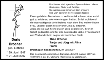Traueranzeige von Doris Bröcher von Tageszeitung