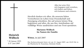 Traueranzeige von Heinrich Wülbeck von Tageszeitung