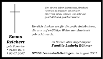 Traueranzeige von Emma Reichert von Tageszeitung