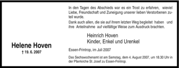 Traueranzeige von Helene Hoven von Tageszeitung