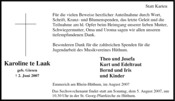 Traueranzeige von Karoline te Laak von Tageszeitung
