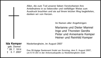 Traueranzeige von Ida Kemper von Tageszeitung