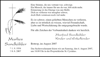 Traueranzeige von Marlies Sandkühler von Tageszeitung