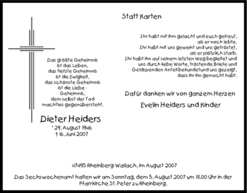 Traueranzeige von Dieter Heiders von Tageszeitung