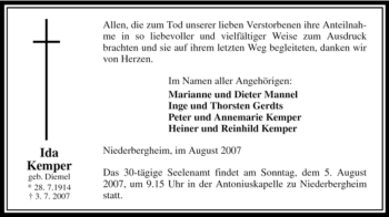 Traueranzeige von Ida Kemper von Tageszeitung