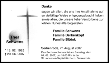 Traueranzeige von Thea Schwens von Tageszeitung