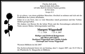Traueranzeige von Margret Wiggeshoff von Tageszeitung