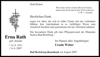 Traueranzeige von Erna Rath von Tageszeitung