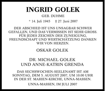Traueranzeige von Inrid Golek von Tageszeitung