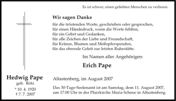 Traueranzeige von Hedwig Pape von Tageszeitung