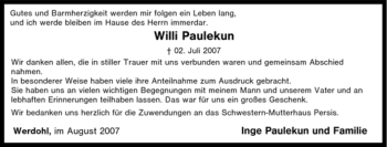 Traueranzeige von Willi Paulekun von Tageszeitung