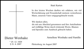 Traueranzeige von Dieter Wenhake von Tageszeitung