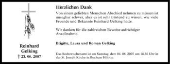 Traueranzeige von Reinhard Gelking von Tageszeitung