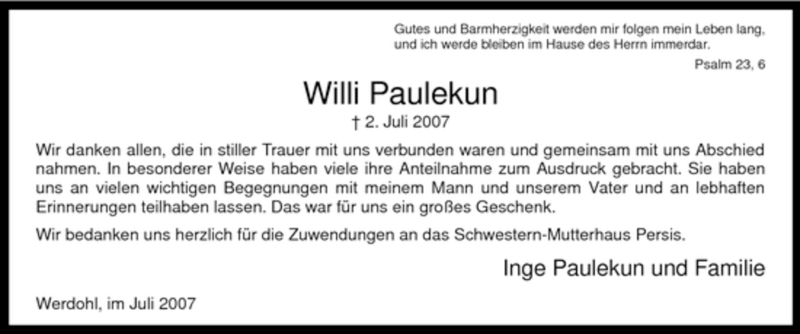  Traueranzeige für Willi Paulekun vom 03.08.2007 aus Tageszeitung