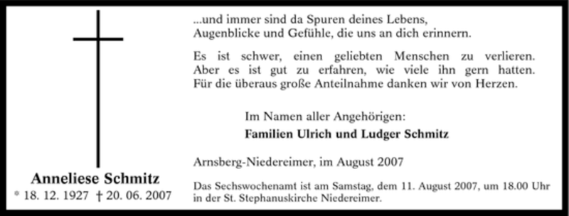  Traueranzeige für Anneliese Schmitz vom 04.08.2007 aus Tageszeitung