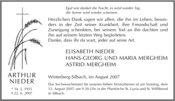 Traueranzeige von Arthur Nieder von Tageszeitung