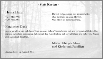 Traueranzeige von Heinz Hahn von Tageszeitung