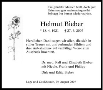 Traueranzeige von Helmut Bieber von Tageszeitung