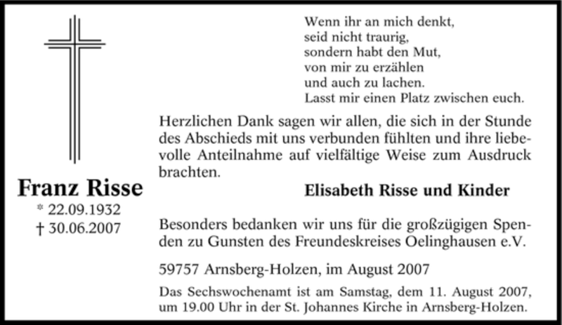  Traueranzeige für Franz Risse vom 04.08.2007 aus Tageszeitung