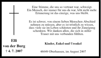 Traueranzeige von Elli von der Burg von Tageszeitung