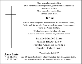 Traueranzeige von Anna Enste von Tageszeitung