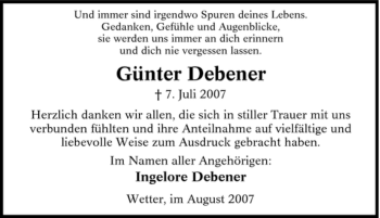 Traueranzeige von Günter Debener von Tageszeitung