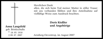 Traueranzeige von Anna Langefeld von Tageszeitung