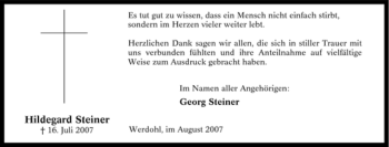 Traueranzeige von Hildegard Steiner von Tageszeitung