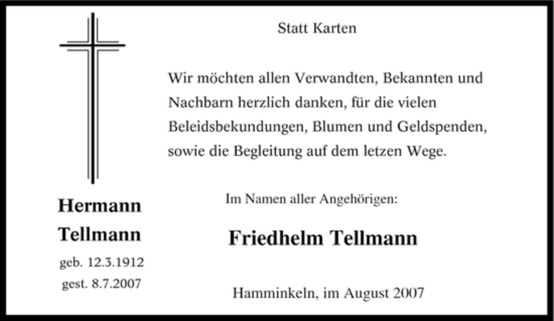  Traueranzeige für Friedhelm Tellmann vom 04.08.2007 aus Tageszeitung