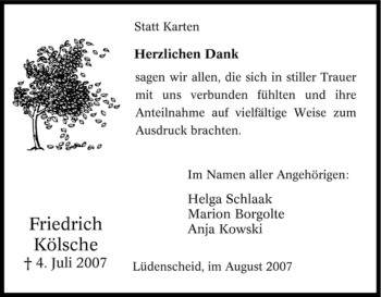 Traueranzeige von Friedrich Kölsche von Tageszeitung