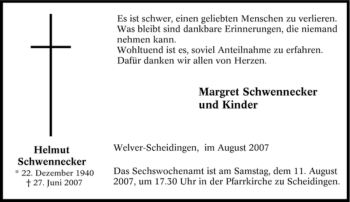 Traueranzeige von Helmut Schwennecker von Tageszeitung